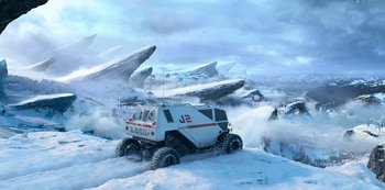 Movie still from “Lost in Space” (2018), created by Irwin Allen – An image of a vehicle in the middle of a snowy field; Extreme Wide shot, Low angle