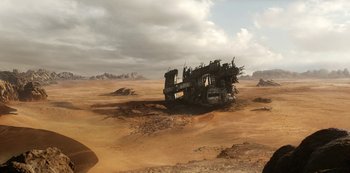 Movie still from “Lost in Space” (2018), created by Irwin Allen – An abandoned vehicle in the middle of the desert; Extreme Wide shot, High angle