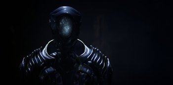 Movie still from “Lost in Space” (2018), created by Irwin Allen – The head of a robot; Close Up shot, Low angle