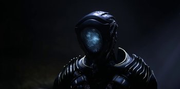 Movie still from “Lost in Space” (2018), created by Irwin Allen – The head of a space suit; Close Up shot, Low angle