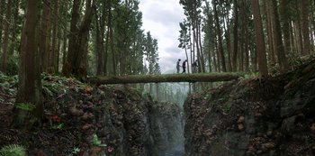 Movie still from “Lost in Space” (2018), created by Irwin Allen – A couple of people standing on top of a log bridge; Extreme Wide shot, Low angle
