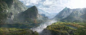 Movie still from “Lost in Space” (2018), created by Irwin Allen – A painting of a waterfall in the middle of a valley; Extreme Wide shot, High angle