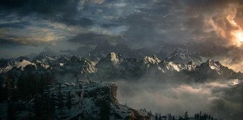 Movie still from “Love, Death & Robots” (2019), created by Tim Miller – A view of a mountain range from a distance; Extreme Wide shot, High angle