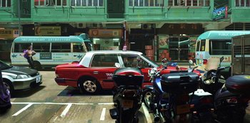 Movie still from “Love, Death & Robots” (2019), created by Tim Miller – Two motorcycles parked in front of a parked car; Extreme Wide shot, High angle