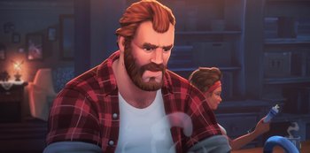 Movie still from “Love, Death & Robots” (2019), created by Tim Miller – A man with a beard and a red plaid shirt; Medium shot, Over the shoulder angle