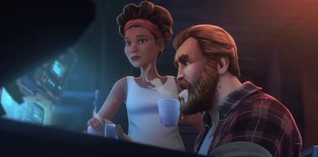 Movie still from “Love, Death & Robots” (2019), created by Tim Miller – Medium shot, Over the shoulder angle