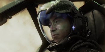 Movie still from “Love, Death & Robots” (2019), created by Tim Miller – A man wearing a helmet in a cockpit of an airplane; Close Up shot, High angle