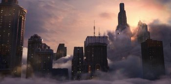 Movie still from “Love, Death & Robots” (2019), created by Tim Miller – A view of a city skyline in the middle of the day; Extreme Wide shot, Low angle