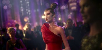 Movie still from “Love, Death & Robots” (2019), created by Tim Miller – A woman in a red dress is posing for a picture; Close Up shot, Over the shoulder angle