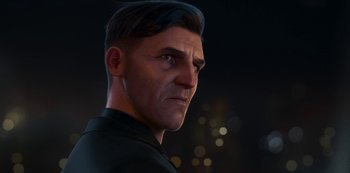 Movie still from “Love, Death & Robots” (2019), created by Tim Miller – A man in a black shirt is looking to his left; Close Up shot, Over the shoulder angle