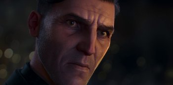 Movie still from “Love, Death & Robots” (2019), created by Tim Miller – A man's face with a dark background; Extreme Close Up shot, High angle