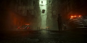 Movie still from “Love, Death & Robots” (2019), created by Tim Miller – A man standing in the middle of an alley; Extreme Wide shot, Low angle