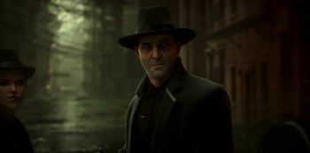 Movie still from “Love, Death & Robots” (2019), created by Tim Miller – A man wearing a black hat and a black coat; Close Up shot, Over the shoulder angle