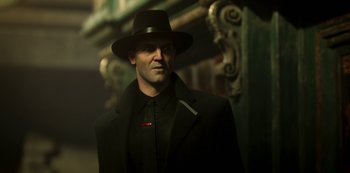 Movie still from “Love, Death & Robots” (2019), created by Tim Miller – A man wearing a hat and a black suit; Close Up shot, Low angle