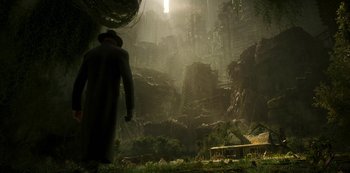 Movie still from “Love, Death & Robots” (2019), created by Tim Miller – A man standing in front of a forest filled with trees; Extreme Wide shot, Low angle