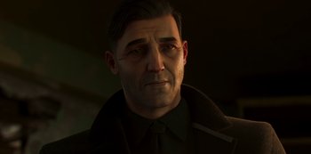 Movie still from “Love, Death & Robots” (2019), created by Tim Miller – A person wearing a suit and tie; Close Up shot, Over the shoulder angle