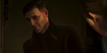 Movie still from “Love, Death & Robots” (2019), created by Tim Miller – A person wearing a suit; Close Up shot, Over the shoulder angle