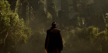 Movie still from “Love, Death & Robots” (2019), created by Tim Miller – A man standing in front of a forest with trees; Extreme Wide shot, Low angle