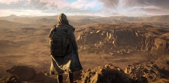 Movie still from “Love, Death & Robots” (2019), created by Tim Miller – A person standing on top of a hill looking at a city; Extreme Wide shot, High angle