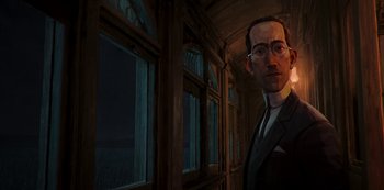 Movie still from “Love, Death & Robots” (2019), created by Tim Miller – A man in a suit standing in front of a window; Medium shot, Over the shoulder angle