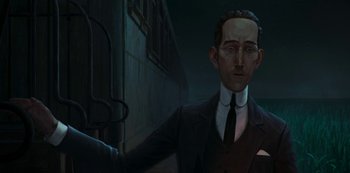 Movie still from “Love, Death & Robots” (2019), created by Tim Miller – A man in a suit and tie standing in front of a train; Medium shot, Low angle