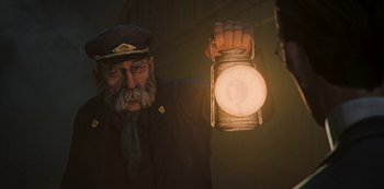 Movie still from “Love, Death & Robots” (2019), created by Tim Miller – An old man holding a light in his hand; Medium shot, Low angle