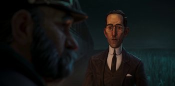 Movie still from “Love, Death & Robots” (2019), created by Tim Miller – A man wearing a suit and tie standing next to another man wearing a hat; Close Up shot, Over the shoulder angle