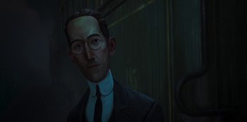Movie still from “Love, Death & Robots” (2019), created by Tim Miller – A man in a suit and tie standing in front of a wall; Close Up shot, Over the shoulder angle