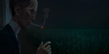 Movie still from “Love, Death & Robots” (2019), created by Tim Miller – A man is smoking a cigarette in a field at night; Close Up shot, Over the shoulder angle