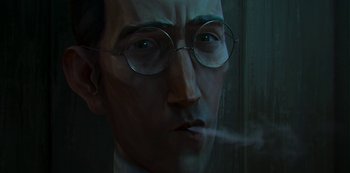 Movie still from “Love, Death & Robots” (2019), created by Tim Miller – A painting of a man wearing glasses and smoking a cigarette; Extreme Close Up shot, Low angle