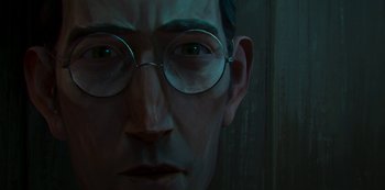 Movie still from “Love, Death & Robots” (2019), created by Tim Miller – A painting of a man wearing glasses and a beard; Close Up shot, Over the shoulder angle