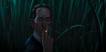 Movie still from “Love, Death & Robots” (2019), created by Tim Miller – A painting of a man smoking a cigarette in front of tall grass; Close Up shot, Low angle