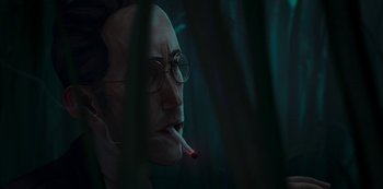 Movie still from “Love, Death & Robots” (2019), created by Tim Miller – A man with glasses smoking a cigarette in front of a forest; Extreme Close Up shot, Low angle