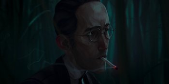 Movie still from “Love, Death & Robots” (2019), created by Tim Miller – A painting of a man smoking a cigarette; Close Up shot, Low angle