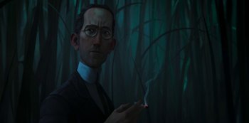 Movie still from “Love, Death & Robots” (2019), created by Tim Miller – A painting of a man holding a cigarette in his mouth; Close Up shot, Low angle