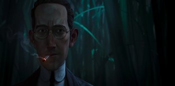 Movie still from “Love, Death & Robots” (2019), created by Tim Miller – A person wearing glasses and smoking a cigarette; Close Up shot, Over the shoulder angle