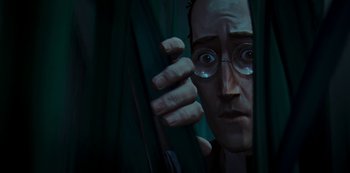 Movie still from “Love, Death & Robots” (2019), created by Tim Miller – A man with glasses is looking through a curtain; Close Up shot, Low angle