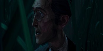 Movie still from “Love, Death & Robots” (2019), created by Tim Miller – An old man with glasses and a suit and tie; Close Up shot, Low angle