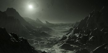 Movie still from “Love, Death & Robots” (2019), created by Tim Miller – An image of an alien landscape in the night sky; Extreme Wide shot, High angle