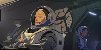 Movie still from “Love, Death & Robots” (2019), created by Tim Miller – An illustration of a woman in a spacesuit holding a tablet; Medium shot, Overhead angle