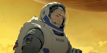 Movie still from “Love, Death & Robots” (2019), created by Tim Miller – An illustration of a woman in a space suit; Medium shot, Low angle