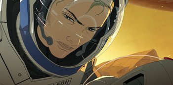 Movie still from “Love, Death & Robots” (2019), created by Tim Miller – A person wearing a space helmet; Close Up shot, Low angle