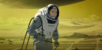 Movie still from “Love, Death & Robots” (2019), created by Tim Miller – An illustration of a woman in a spacesuit holding a hose; Wide shot, Low angle