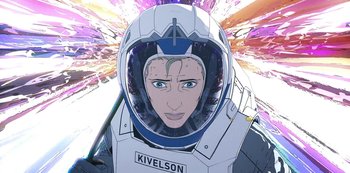 Movie still from “Love, Death & Robots” (2019), created by Tim Miller – A woman in a helmet is standing in front of a colorful background; Medium shot, Low angle