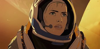Movie still from “Love, Death & Robots” (2019), created by Tim Miller – An illustration of a woman in a space suit; Close Up shot, Overhead angle