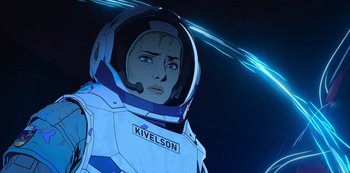 Movie still from “Love, Death & Robots” (2019), created by Tim Miller – An illustration of a woman in a spacesuit; Medium shot, Low angle