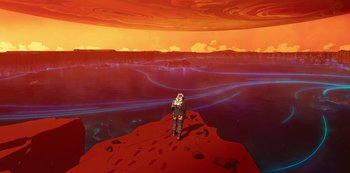 Movie still from “Love, Death & Robots” (2019), created by Tim Miller – A person standing on top of a red rock; Extreme Wide shot, High angle