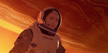 Movie still from “Love, Death & Robots” (2019), created by Tim Miller – An illustration of a woman in a spacesuit in front of a red planet; Medium shot, Low angle