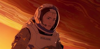 Movie still from “Love, Death & Robots” (2019), created by Tim Miller – An illustration of a woman in a space suit; Medium shot, Low angle
