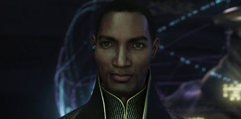 Movie still from “Love, Death & Robots” (2019), created by Tim Miller – A man's face in a black and gold outfit; Close Up shot, Low angle